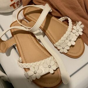 White and Tan Open-Toe Sandals with Floral Accents